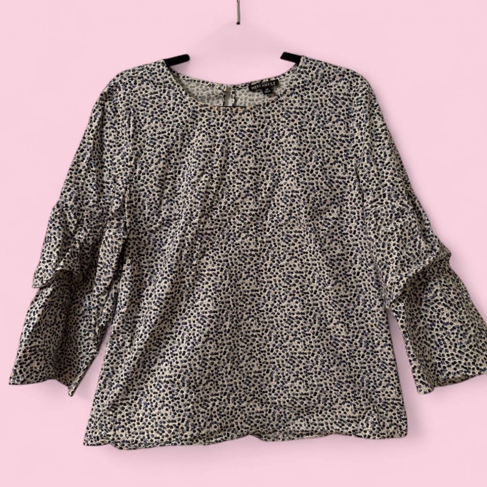 Floral Ruffle Sleeve Blouse Women’s Sz 14 Preppy Cottagecore Navy Blue White Top